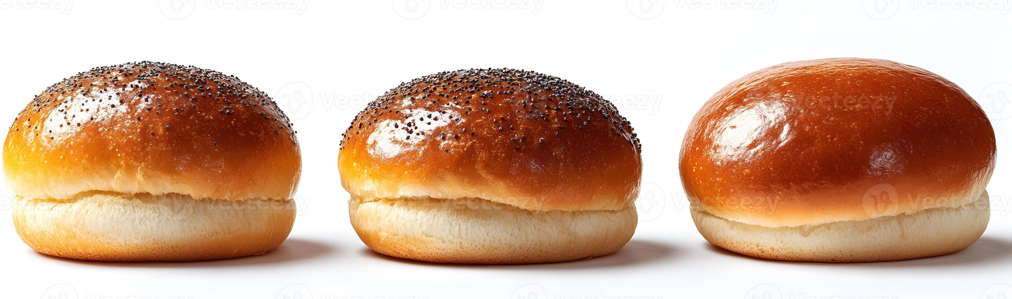 Three delicious baked bread rolls displayed in a row photo