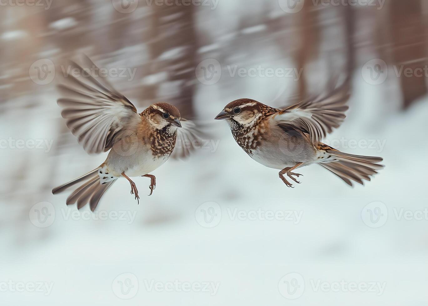 Two Sparrows in Flight Over Snowy Background photo