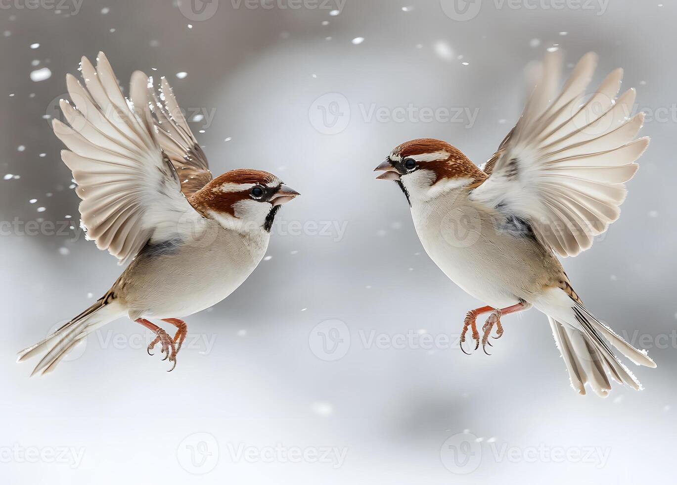 Two Sparrows In Flight During Winter Snow photo