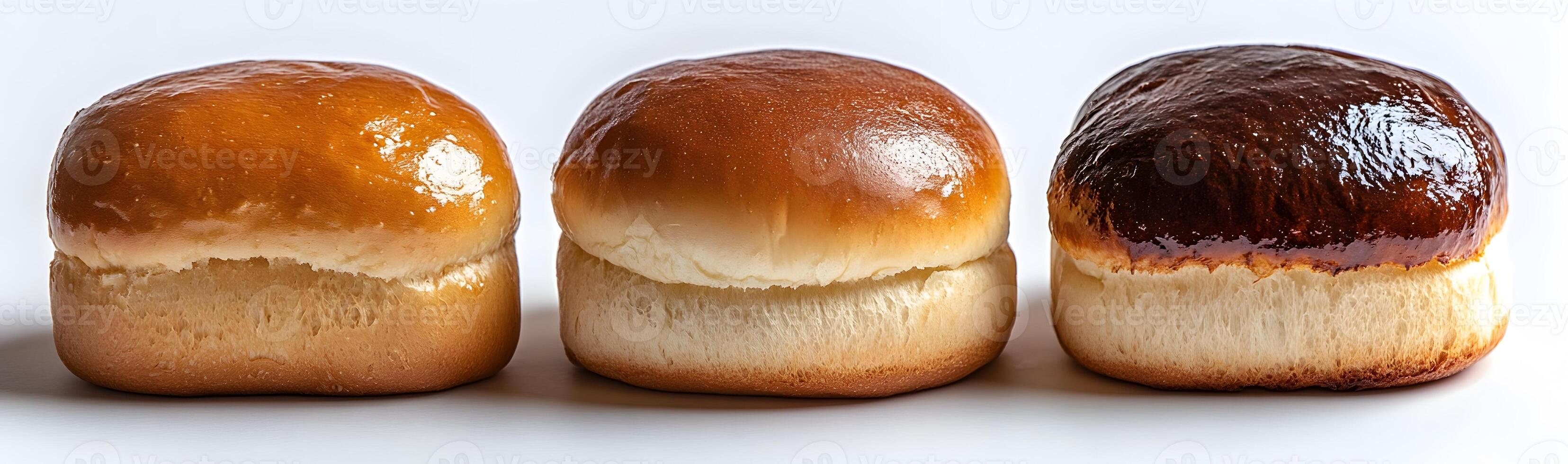 Three Glazed Bread Rolls Arranged in a Row photo