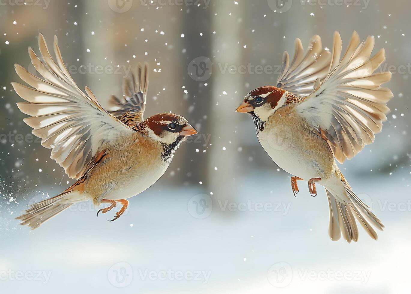 Two sparrows in flight snowy winter background photo