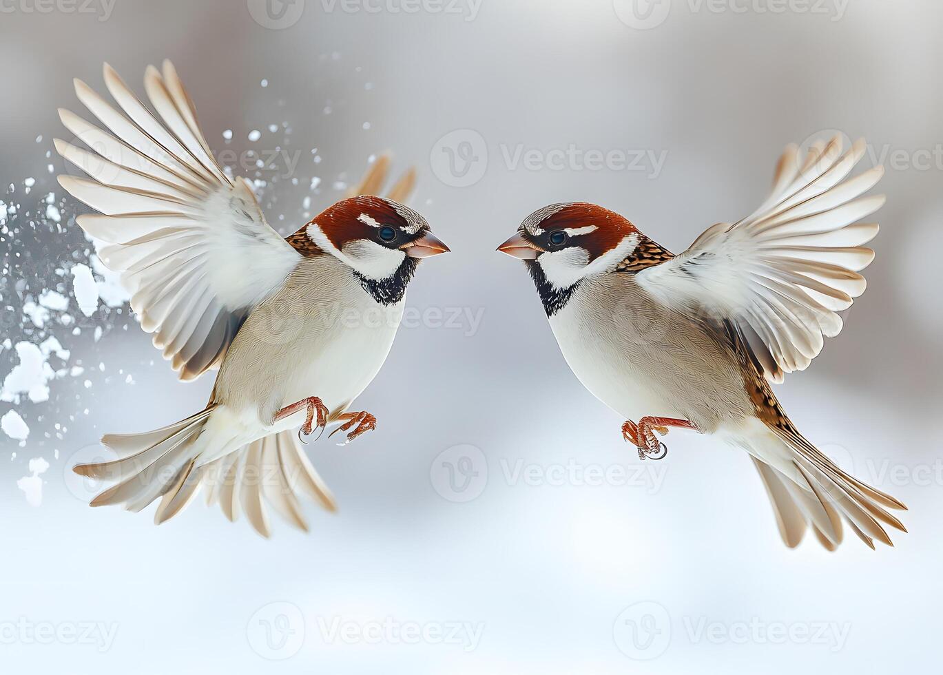 Two Sparrows In Flight Wings Spread Wide photo