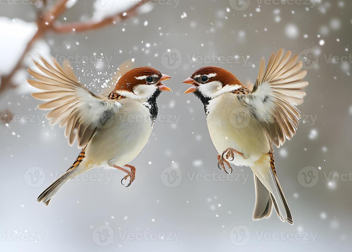 Two Sparrows Face Off In Snowy Winter Air photo