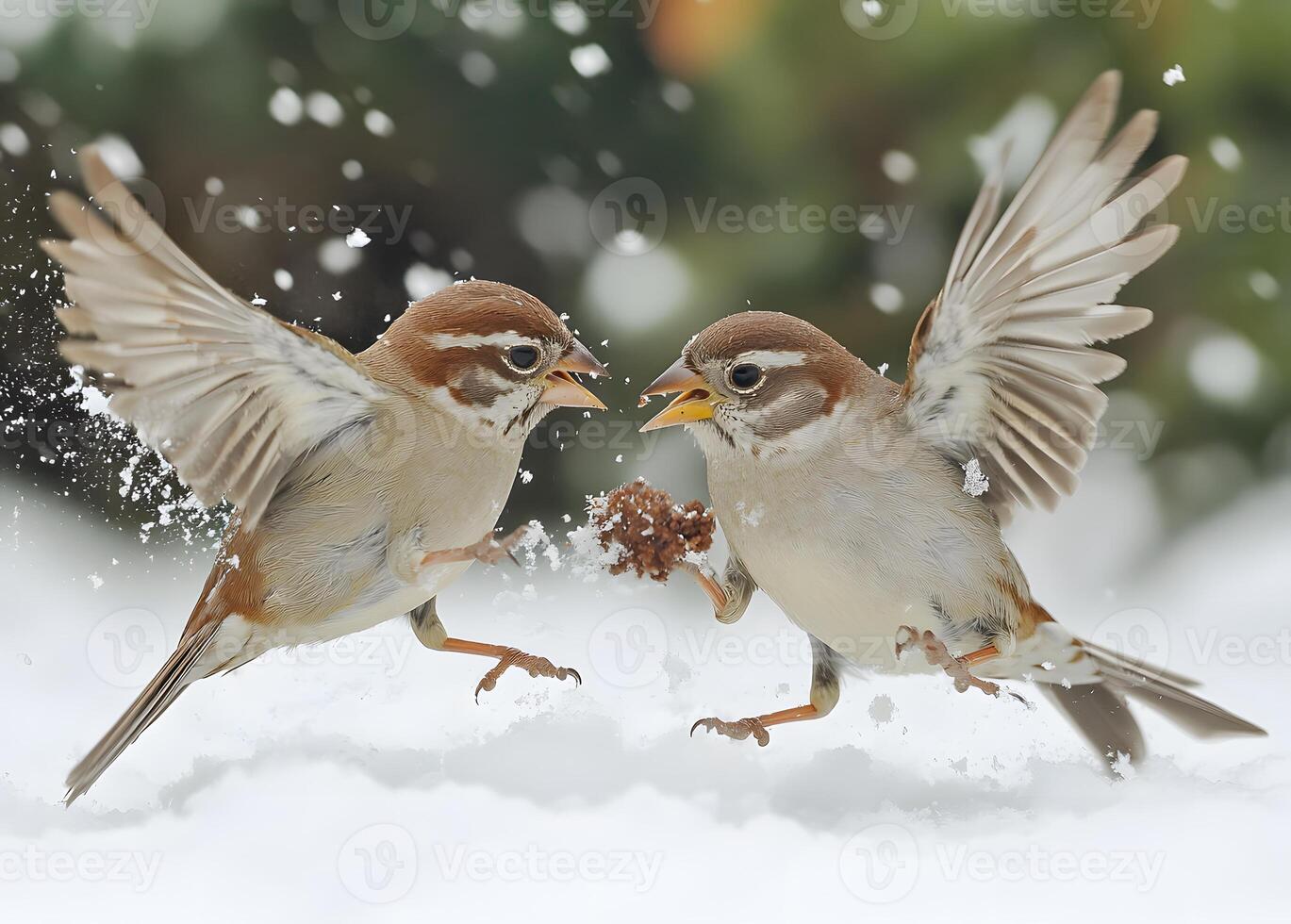 Two Sparrows Fight Over A Pine Cone In The Snow photo