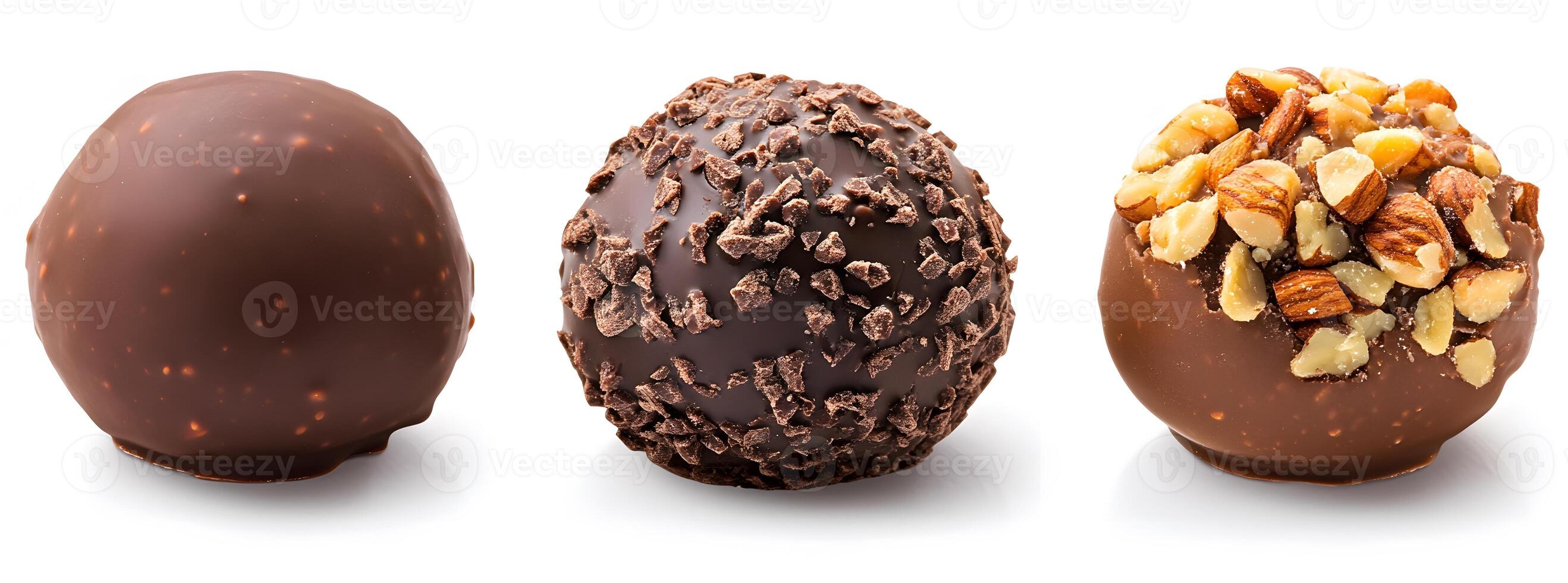 Three Delicious Chocolate Truffles Assorted With Nuts and Chocolate Shavings photo