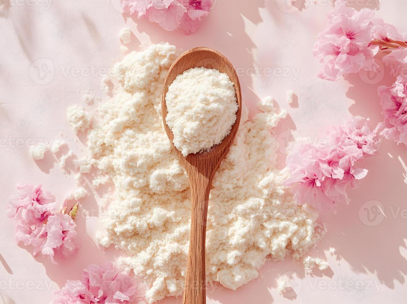 Wooden Spoon Holding Powder Surrounded By Pink Flowers photo