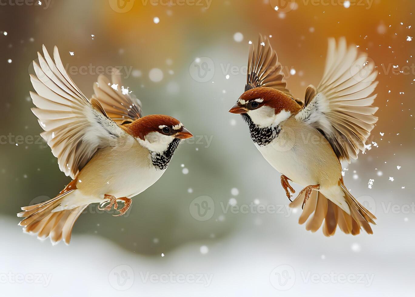 Two Sparrows In Flight Winter Snow Background photo