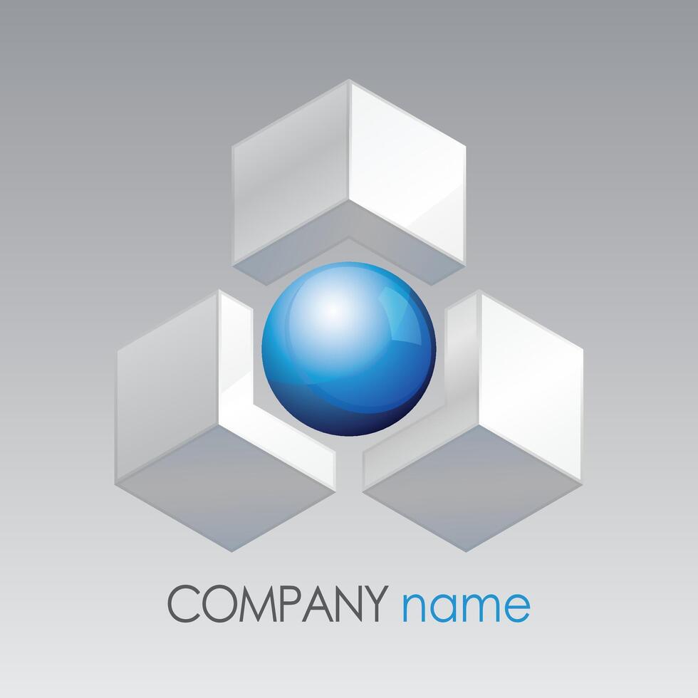 3d geometric square with glossy blue ball technology logo design vector