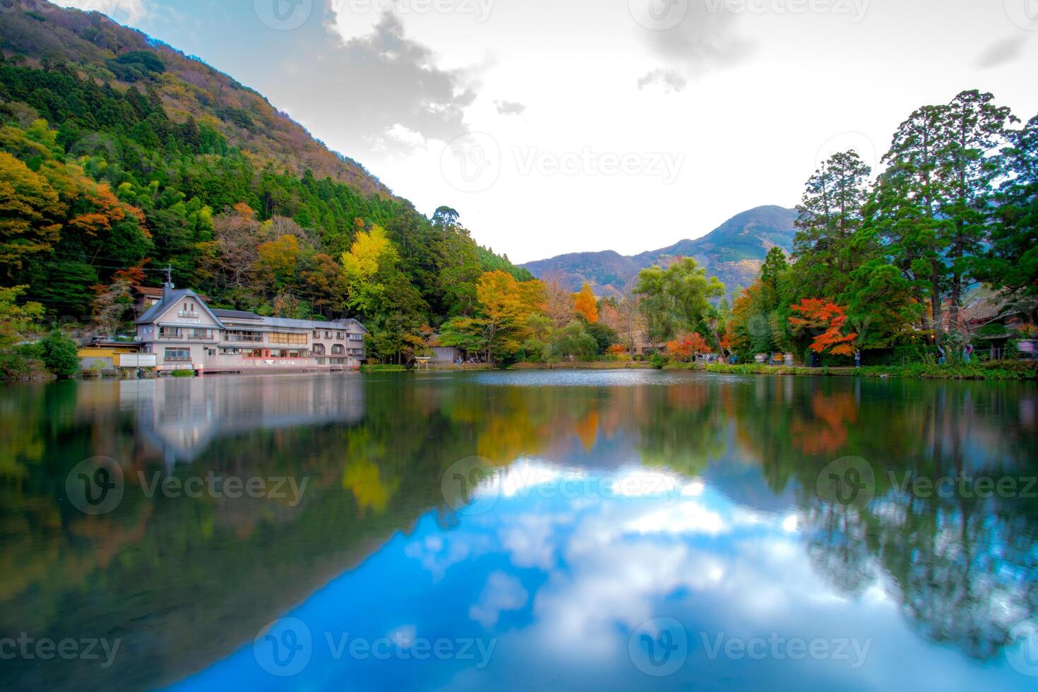 Kinrin-ko, also known as dakenshitanike, or the lake at the base of the mountain Yufu-dake in Yufuin, Oita, Kyushu, Japan photo