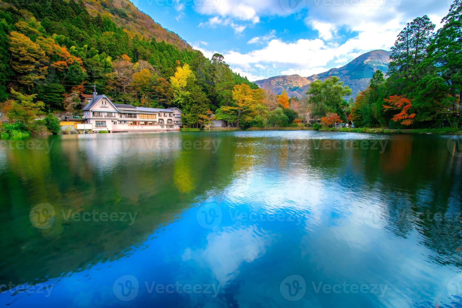 Lake Kinrin-ko, also known as dakenshitanike, or the lake at the base of the mountain Yufu-dake in Yufuin, Oita, Kyushu, Japan photo