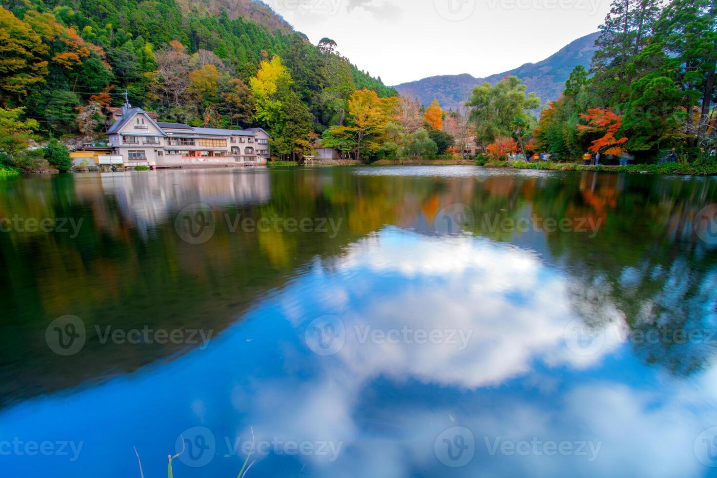 Lake Kinrinko, also known as dakenshitanike, or the lake at the base of the mountain Yufu-dake in Yufuin, Oita, Kyushu, Japan photo