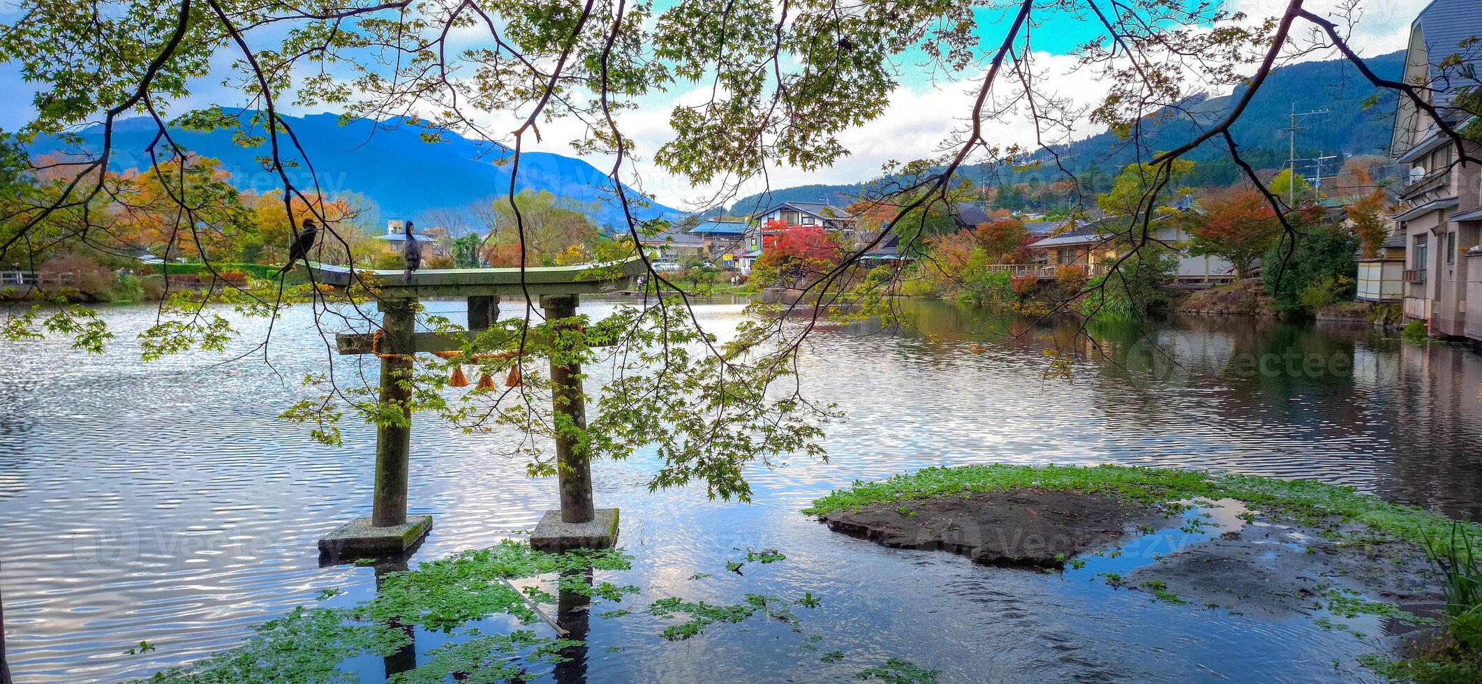 Lake Kinrin, also known as dakenshitanike, or the lake at the base of the mountain Yufu-dake in Yufuin, Oita, Kyushu, Japan photo