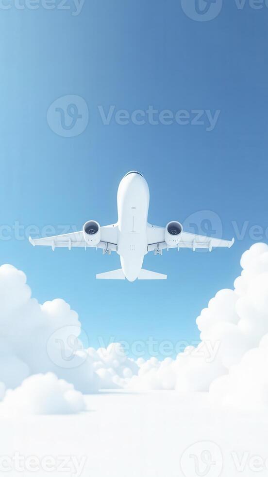 White passenger airplane flying above the clouds on blue sky photo