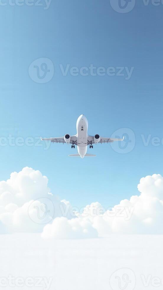 White passenger airplane flying above clouds in blue sky photo