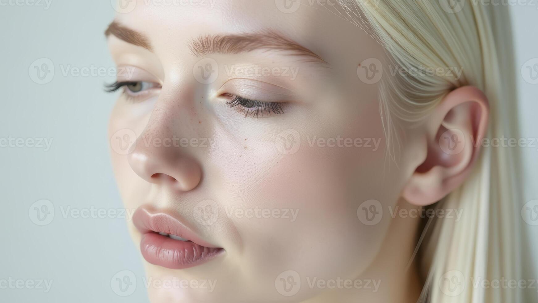Blonde caucasian woman showing perfect skin and freckles photo