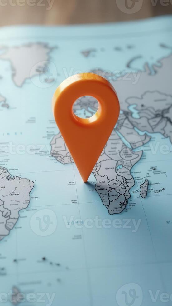 Orange location pin pointing africa on world map symbolizing travel and destination photo