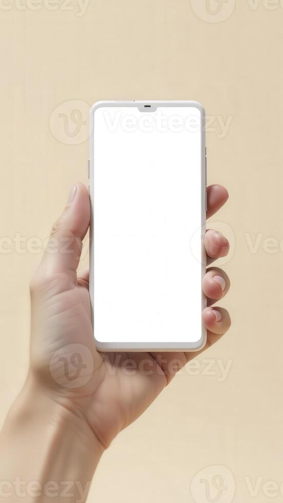 Person holding a smartphone with a white screen photo