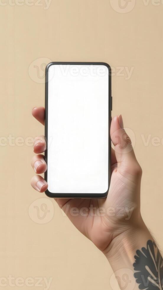 Hand holding smartphone with blank white screen on beige background photo