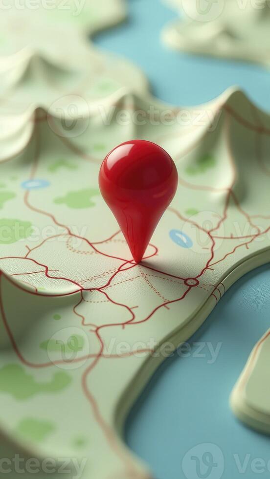 Red location pin pointing destination on three-dimensional map photo