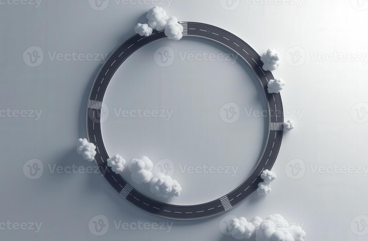 Circular road surrounded by clouds forming a perfect circle on white background photo