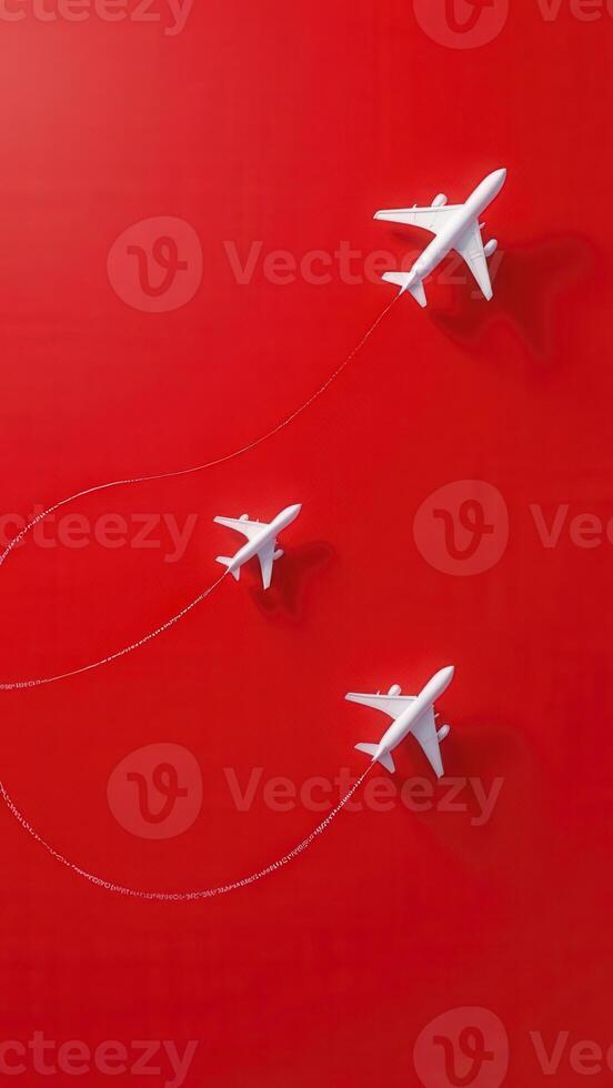 Three white airplanes flying on red background leaving contrail photo