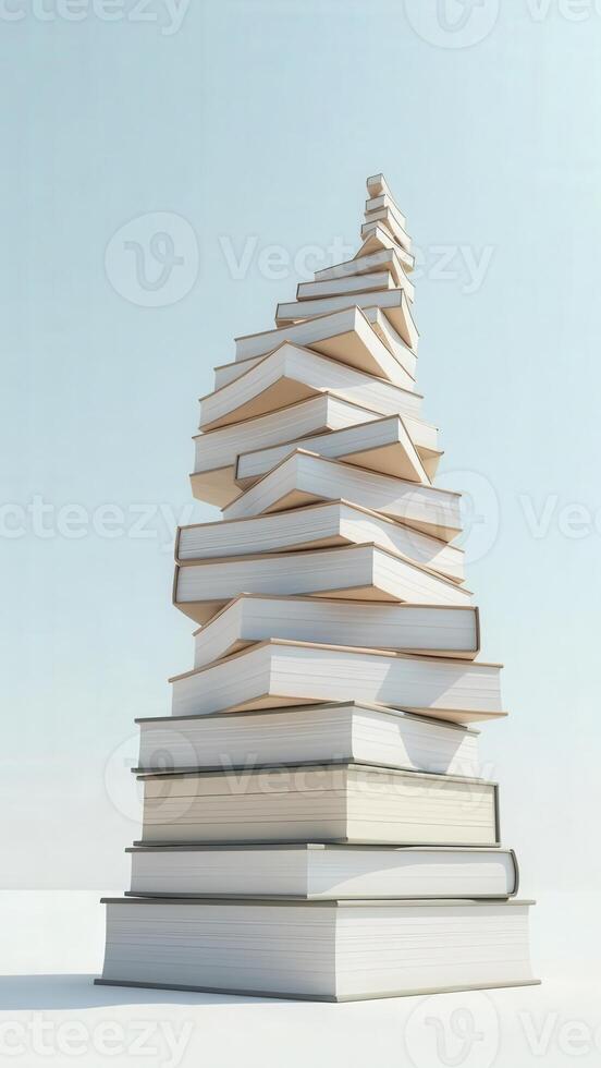 Stack of books spiraling upwards toward a clear blue sky photo