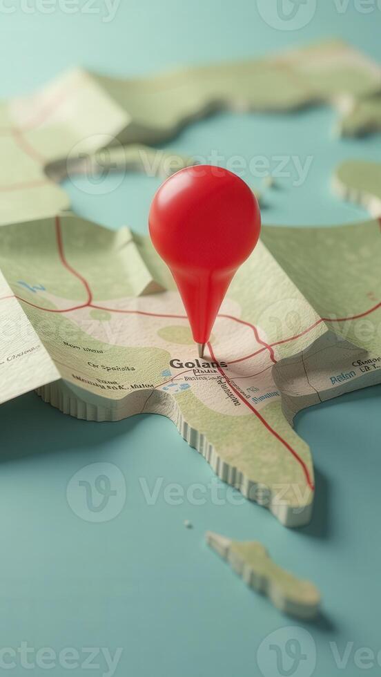 Red push pin pointing golan heights on folded paper map photo