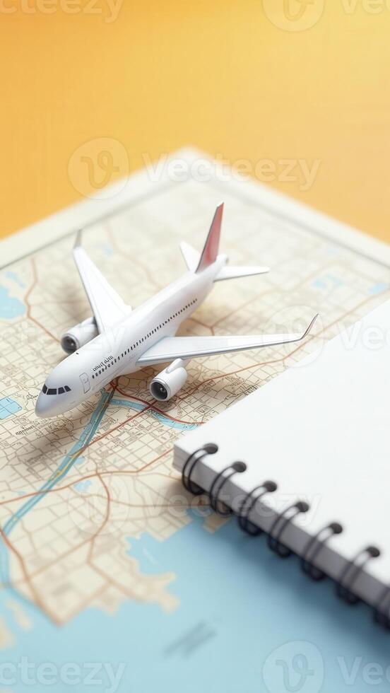 Airplane toy standing on geographical map with spiral notebook planning trip photo