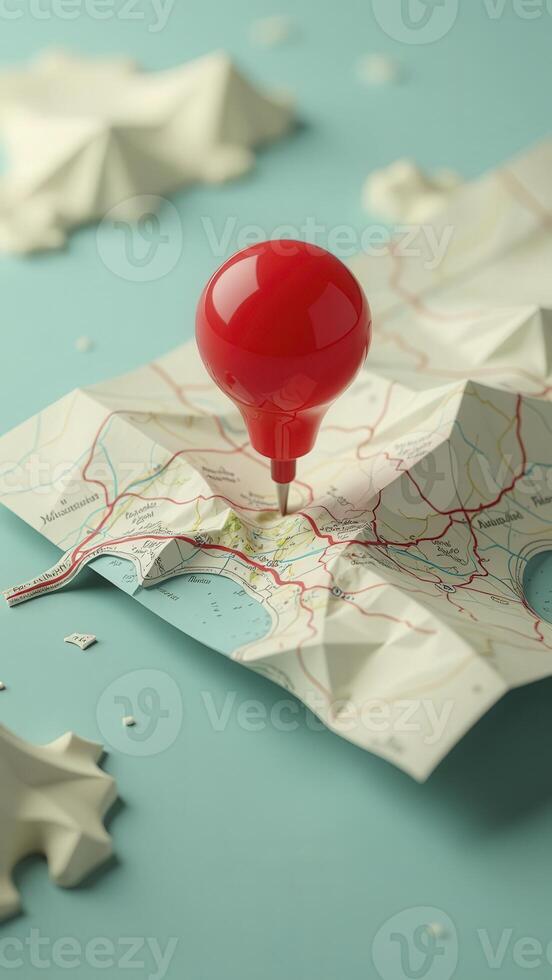 Red push pin marking location on folded paper map photo