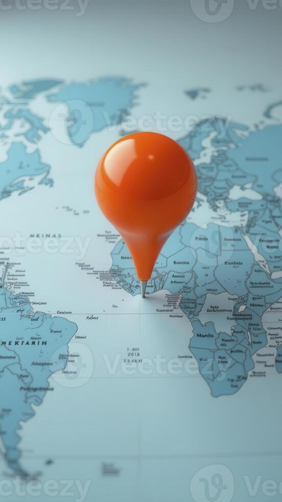 Orange push pin marking location on world map photo