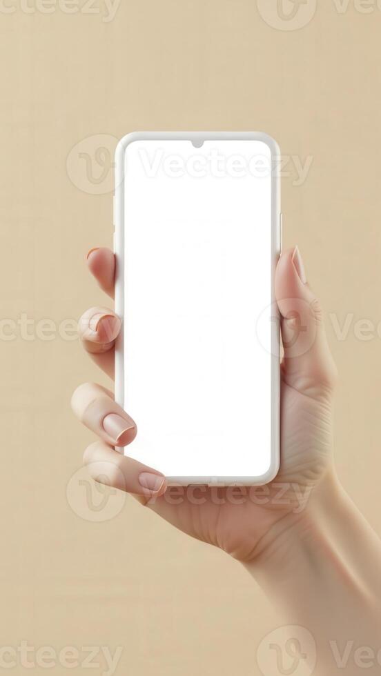 Woman hand holding smartphone with white screen on beige background photo