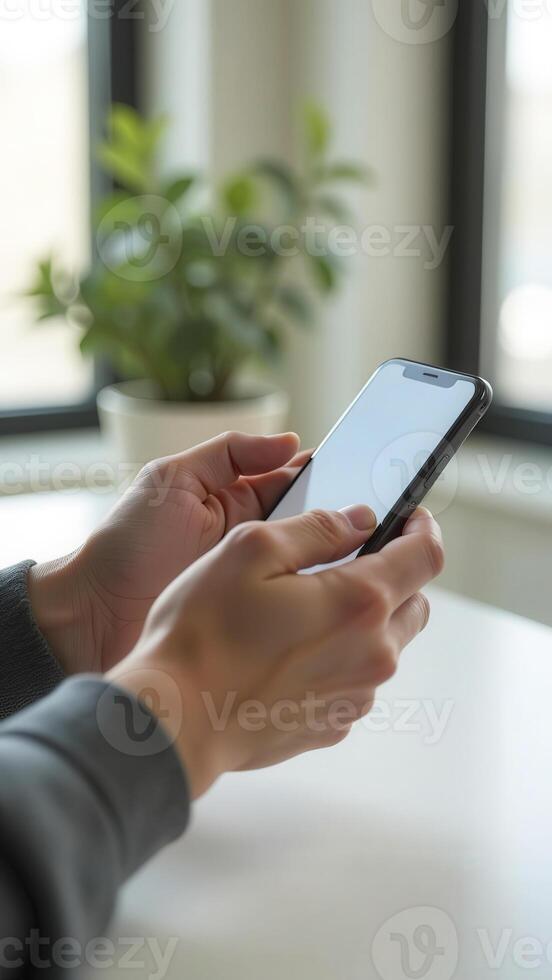 Close up of hands using smartphone with blank screen in office environment photo