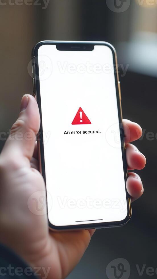 Smartphone showing error message on screen being held by person indoors photo