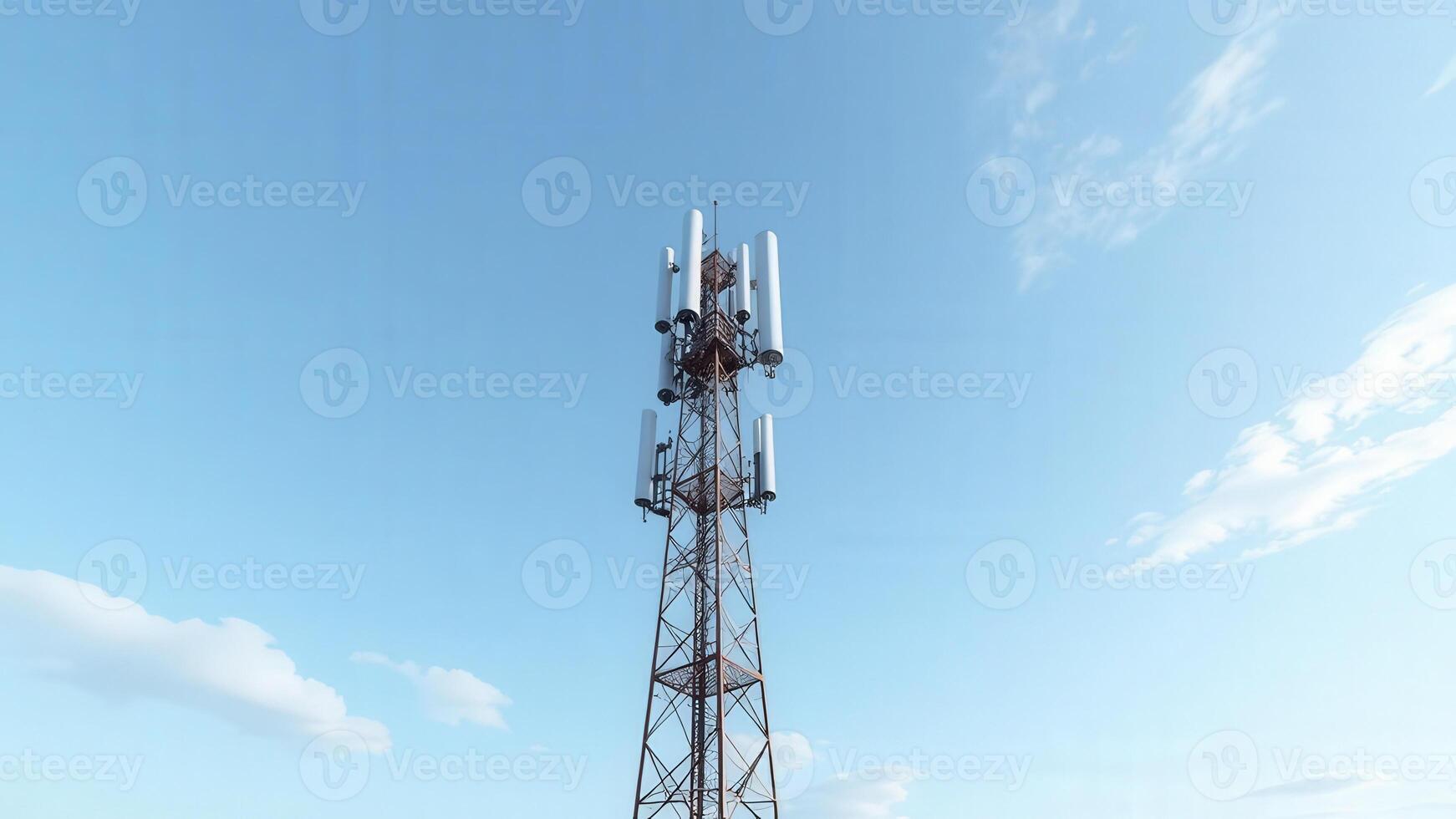 Telecommunication tower reaching into the blue sky with few clouds photo