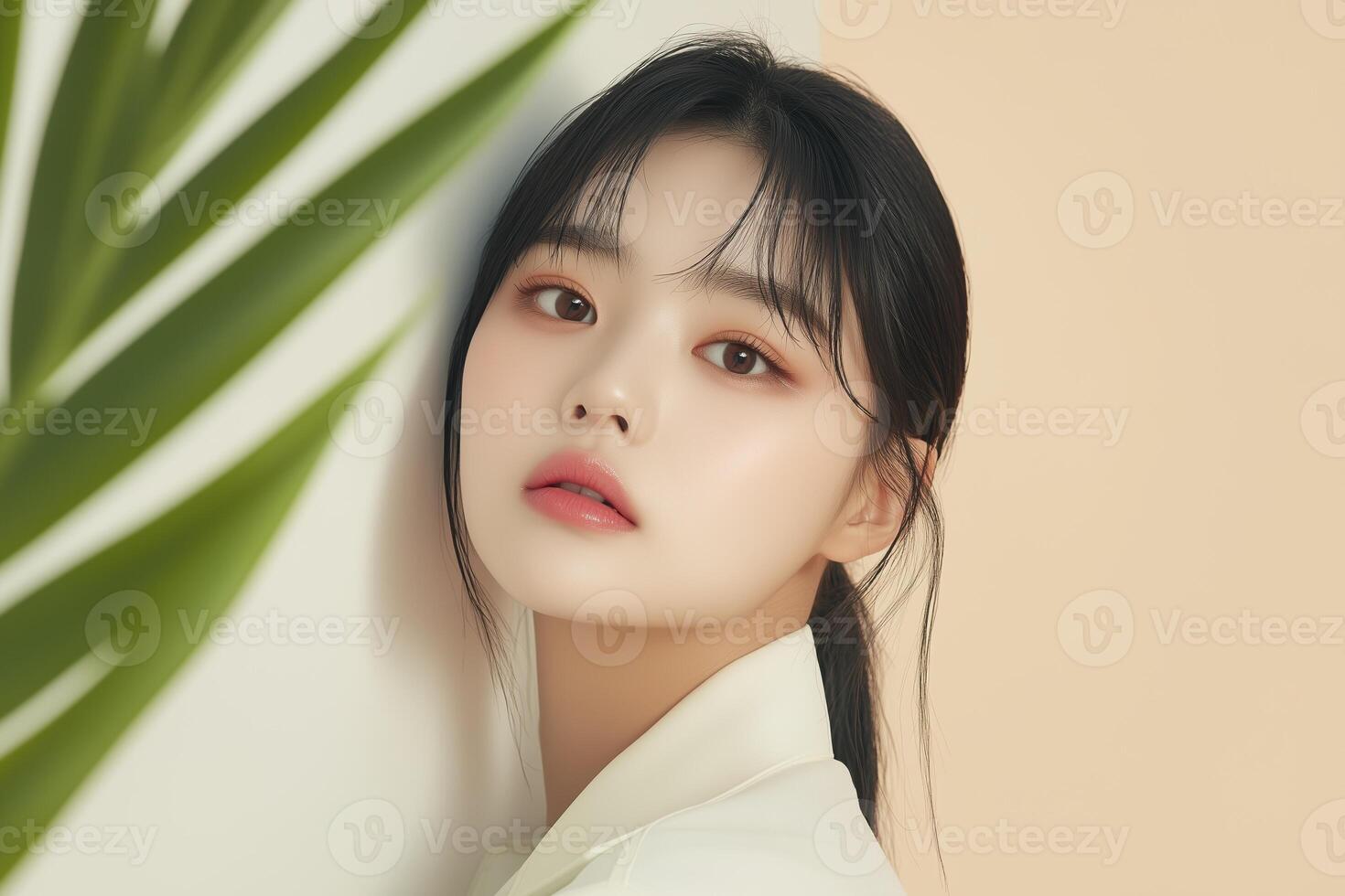 Young asian woman posing near green tropical leaf photo