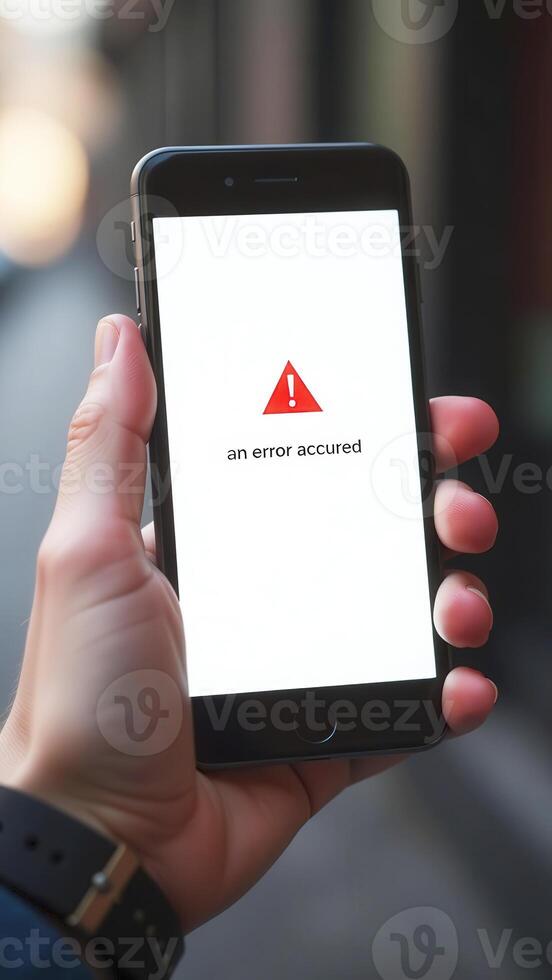 Businessman holding smartphone showing error message on screen photo