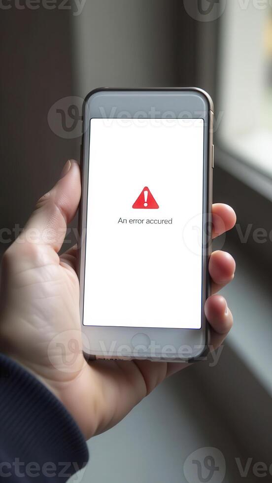 Hand holding smartphone displaying error message on screen. photo