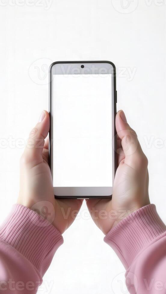 Woman holding smartphone with white screen for mockup on white background photo