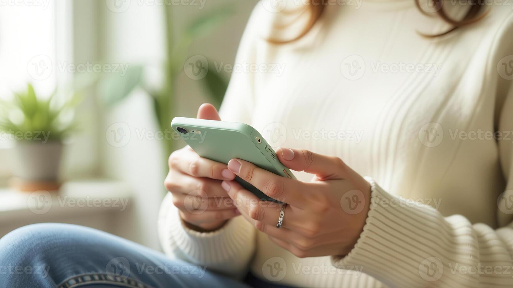 Woman using smartphone at home, relaxing with mobile technology. photo