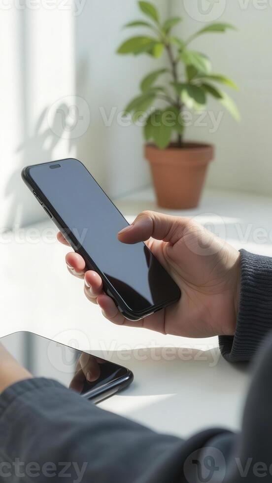 Freelancer using smartphone and tablet working remotely from home office photo