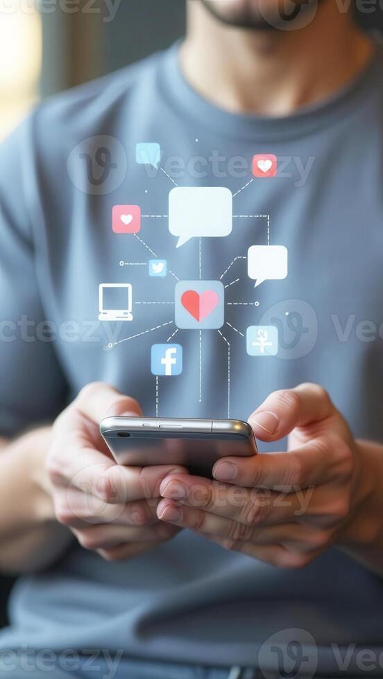 Man using social media and digital online, man using smart phone with Social media. concept of living on vacation and playing social media. online marketing, technology network concept. photo