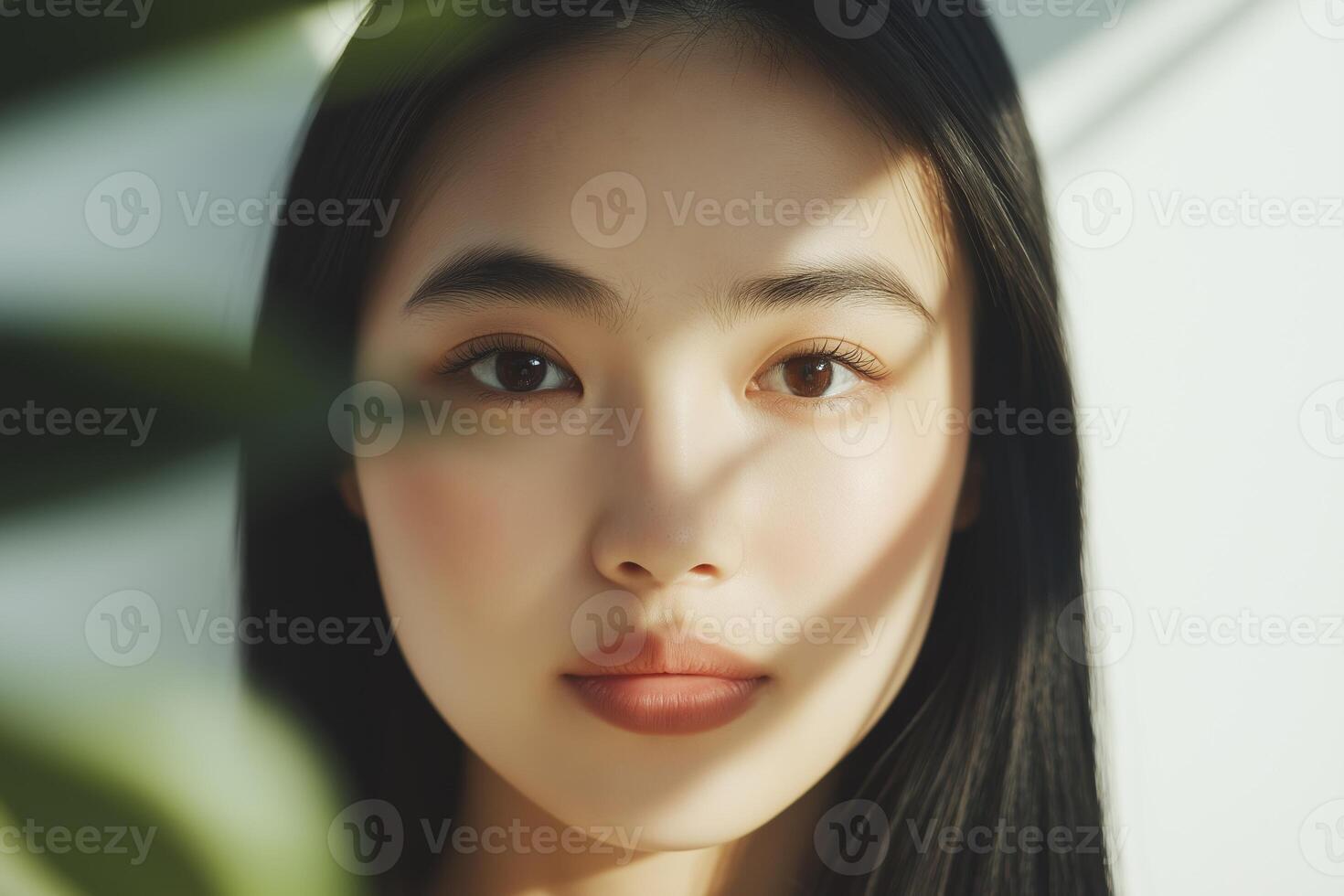 Beautiful asian woman posing with natural light and green leaves photo