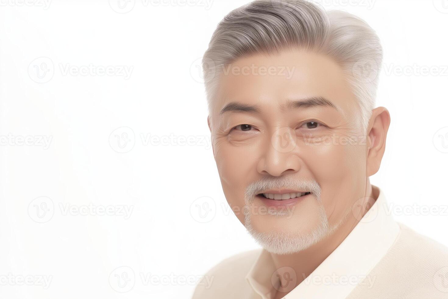 Smiling senior man with gray hair and goatee on white background photo