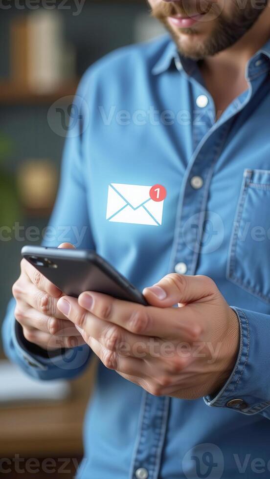 Businessman using smartphone receiving new email notification, online message alert photo