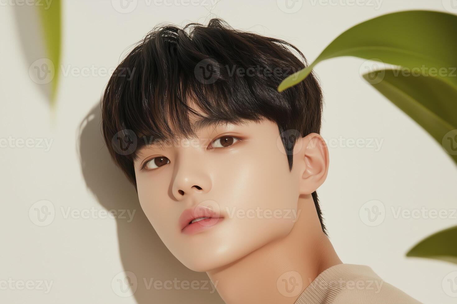 Park ji hoon posing with tropical leaves in studio photoshoot photo