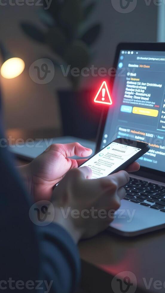 Warning about the use of virtual screen technology on smartphones, cyberattacks on networks or malicious software. Cyber Security and Crime, Compromised Internet Data, Privacy, Data Breach, Hacker. photo
