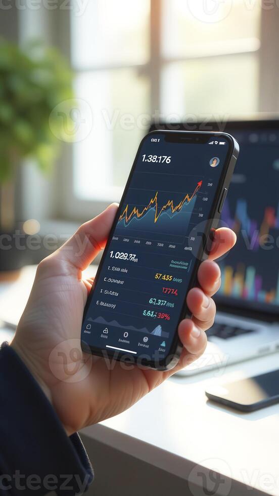 Businessman checking stock market data on smartphone app showing positive growth photo