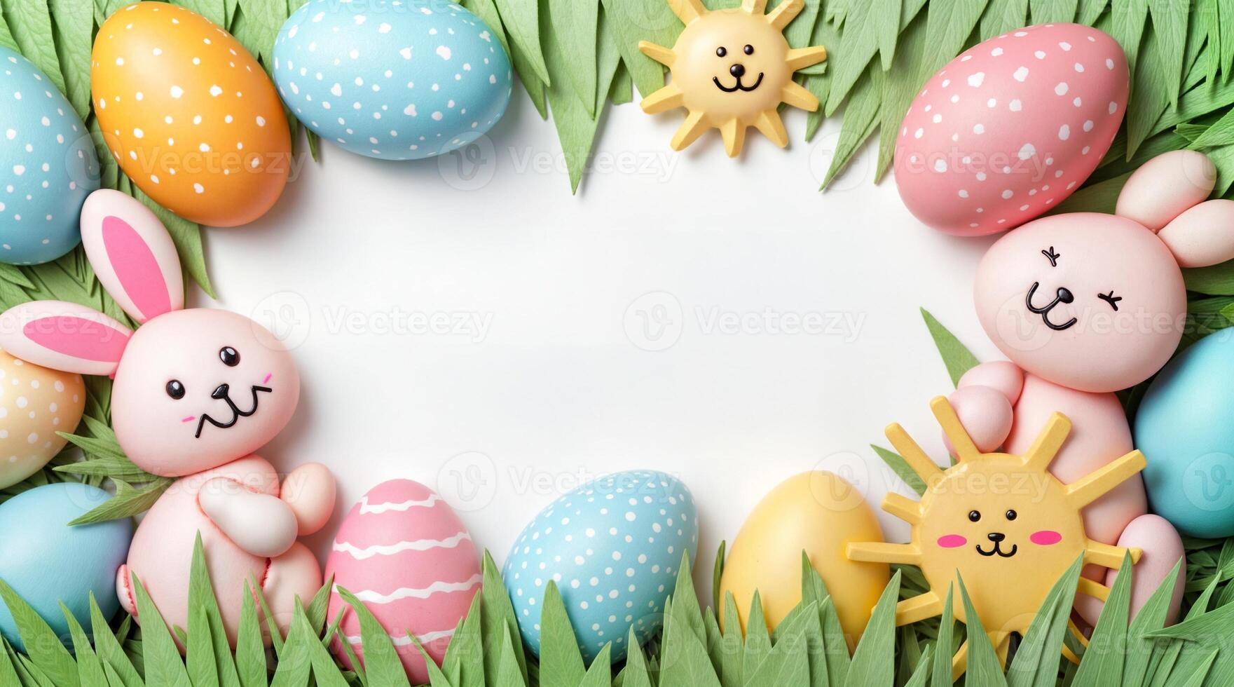 Spring Easter Celebration Border with Decorated Eggs and Cute Pastel Bunny Characters photo