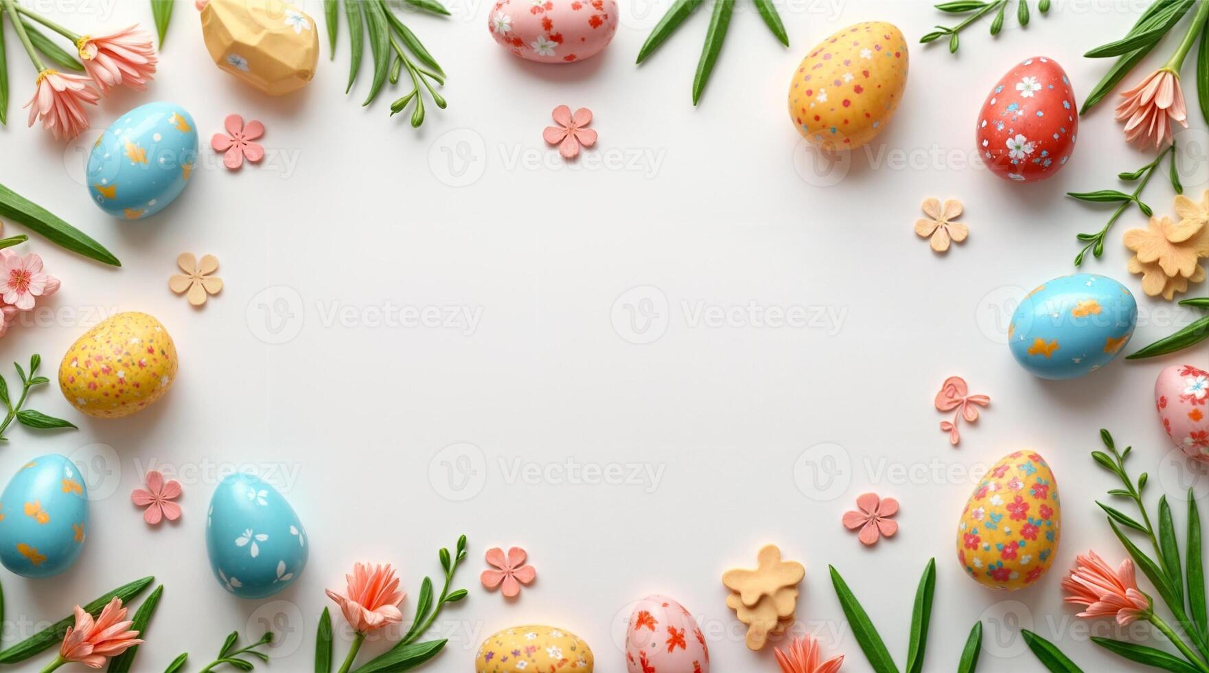 Whimsical Easter Eggs and Spring Flowers Creating Delicate Border Frame on White photo