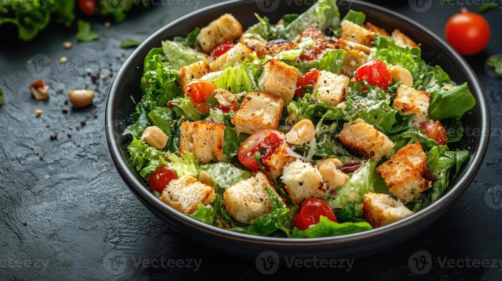 A bowl of salad with lettuce, tomatoes, and croutons photo